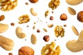 Collection of tasty crispy Hazelnut, Wallnut, Pecan nut, almond and sultana raisins falling isolated on white background. Concept Royalty Free Stock Photo