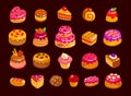 Collection tasty decorated sweet desserts and candies. Cakes and pastries icon set. Cartoon vector illustration Royalty Free Stock Photo