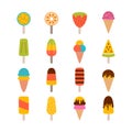 Collection of tasty ice cream. Set of ice cream cones and popsicle with different topping. Chocolate and vanilla dessert