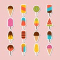 Collection of tasty ice cream stickers. Set of ice cream cones and popsicle with different topping