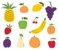 Collection of tasty sweet fruits: pineapple, apple, strawberry, pear and cherry, lemon, peach, apricot, banana isolated on white