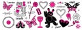 Collection of Tattoo art in 1990s, 2000s style. Y2k emo stickers. Butterfly, barbed wire, butterfly, flame, chain, heart Royalty Free Stock Photo