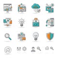 Includes elements like graphs, cloud storage, light bulbs, and search tools Royalty Free Stock Photo