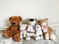 A row of teddy bears and cuddly toys on a bed Royalty Free Stock Photo