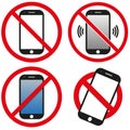 Collection of telephone warning stop sign icon. Phone turn off. Set of Illustrations Royalty Free Stock Photo