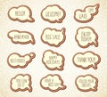 Collection of templates speech bubbles with quotes. Multilayer cartoon stickers with stitches, short messages. Can be