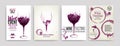 Collection of templates with wine designs. Brochures, posters, invitation cards, promotion banners, menus. Wine stains, drops.