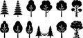 Collection of Stylized Black Tree Silhouettes in Various Shapes trees forest Royalty Free Stock Photo