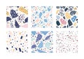 Collection of terrazzo geometric textures. Bundle of seamless patterns with colorful splinters or sprinkles on white Royalty Free Stock Photo