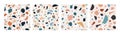 Collection of Terrazzo seamless patterns with colorful rock fragments. Set of backdrops with stone pieces or sprinkles