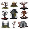 Flat vector set of terrible landscape elements. Creepy house, old dry trees, stone cave, old iron entrance gate