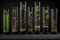 collection of test tubes with variety of plant seeds and growth medium visible