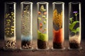 collection of test tubes with variety of plant seeds and growth medium visible