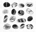 Collection of textured pebble stones hand drawn with ink. Traditional Japanese ink painting sumi-e.