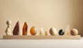 Collection of textured rock minerals on stone podium. Modern and aesthetic geology template for design and presentation