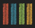 Collection textures of vector tire tracks with separate grunge texture, tire marks, tire tread, tread marks silhouette Royalty Free Stock Photo