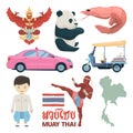 Collection of thailand landmarks and different traditional symbols