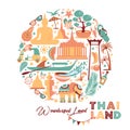 Collection of Thailand symbols in circle. Vector poster. Postcard in trend color. Travel illustration. Web banner of