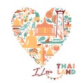 Collection of Thailand symbols in heart. Vector poster. Postcard in trend color. Travel illustration. Web banner of