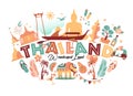 Collection of Thailand symbols with text. Vector poster. Postcard in trend color. Travel illustration. Web banner of