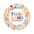 Collection of Thailand symbols in wreath. Vector poster. Postcard in trend color. Travel illustration. Web banner of