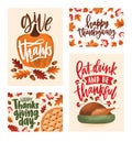 Collection of Thanksgiving day greeting card and postcard templates with elegant written lettering, autumn leaves