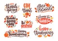 Collection of Thanksgiving day letterings decorated by seasonal design elements and isolated on white background. Bundle