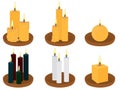 Collection of thin and thick different colour wax candles on clay plates illustration