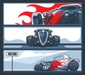 A collection of three banners with Hot Rod cars on the road