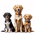 collection of three dogs, happy golden retrievers set (portrait, sitting and standing) as transparent and ani