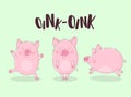 Collection of three funny pigs on a green background with the word oink. Vector illustration for New Year, Christmas, prints, invi Royalty Free Stock Photo