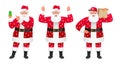 Collection of three funny Santa Claus. Bearded Santa points to his smartphone, shows a like gesture. Delivery guy in a Santa