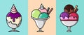 A collection of three illustrations of fresh and delicious ice cream in beautiful glasses.