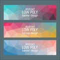 A collection of three low-poly banner designs with gradient polygon patterns in vibrant, pastel, and soft tones