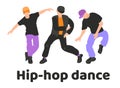 A collection of three men dancing hip hop s. Youth dance of modern teenagers. Hip-hop dance, poster of dance school, breakdance