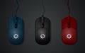 Collection of three realistic multi-colored computer mice on a dark background.