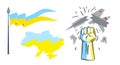 Collection of three symbols of power of Ukraine, set of map, flag and the hand that destroys the Russian fighter