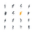 Collection of thunderbolt signs. Set of lightnings icons. Flat design elements. Weather symbols.