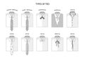 Collection of ties. Accessories for the neck. Strict business style. Reference information with titles. Black and white