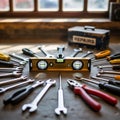 a collection of tools arranged around a level on a workbench, with a toolbox labeled \