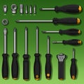 A collection of tools displayed on a green background. The set includes various Royalty Free Stock Photo