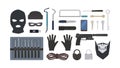 Collection of tools and equipment for theft, robbery, burglary, housebreaking - lock picks, padlocks, masks, rope