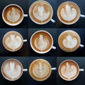 Collection of top view of latte art coffee mugs. Royalty Free Stock Photo