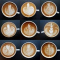 Collection of top view of latte art coffee mugs.