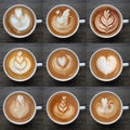Collection of top view of latte art coffee. Royalty Free Stock Photo