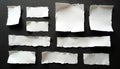 Collection of torn white paper pieces on dark background. Empty blank notes with ragged edges offer space for your custom text Royalty Free Stock Photo