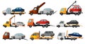 Collection of tow trucks. Flat faulty car loaded on a tow truck. Vehicle repair service which provides assistance