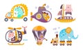 Collection of Toy Transport with Cute Animals, Funny Dinosaur, Fish, Cat, Pig, Bear, Elephant Driving Various Types of Royalty Free Stock Photo