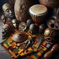 Collection of traditional African artifacts with djembe drum, brass Ashanti doll and masks with exquisite wooden carvings Royalty Free Stock Photo