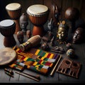 Collection of traditional African artifacts with djembe drum, brass Ashanti doll and masks with exquisite wooden carvings Royalty Free Stock Photo